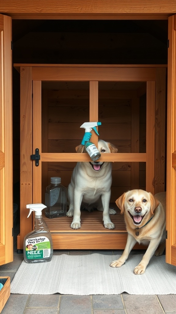 Two happy dogs inside a wooden dog crate with cleaning supplies nearby.