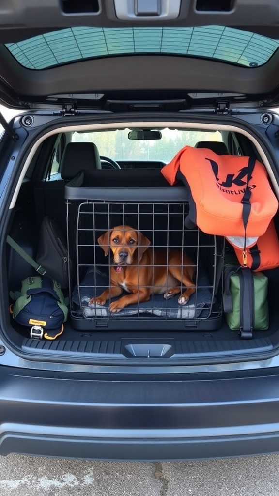A dog resting in a portable crate inside an SUV, with bags and a life jacket nearby.
