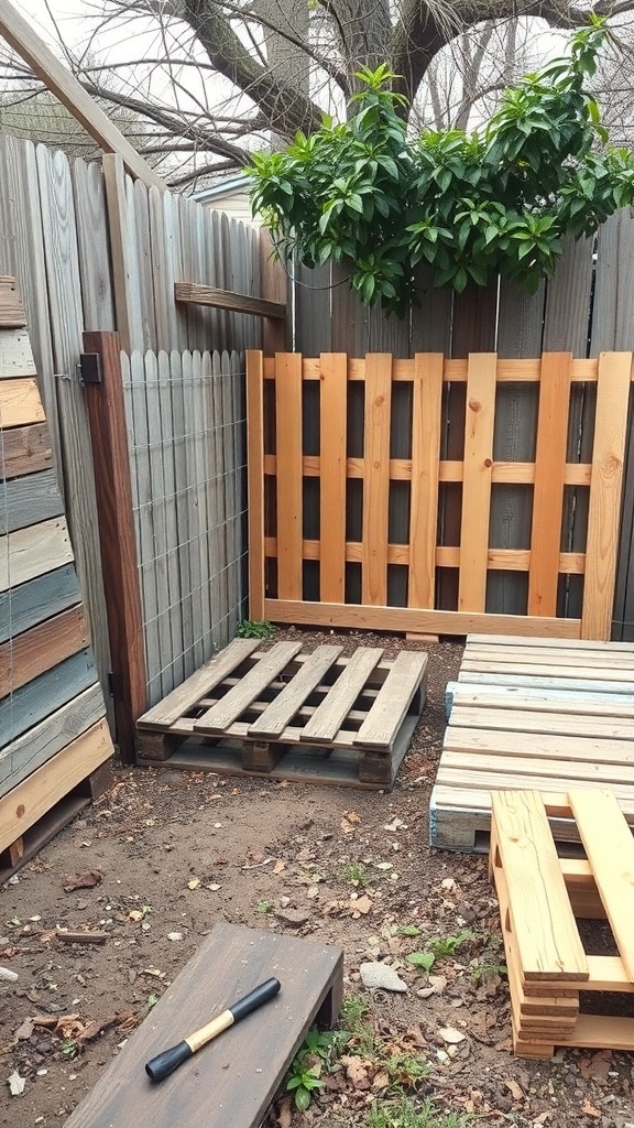 A budget-friendly dog run under construction, featuring wooden pallets and fencing.
