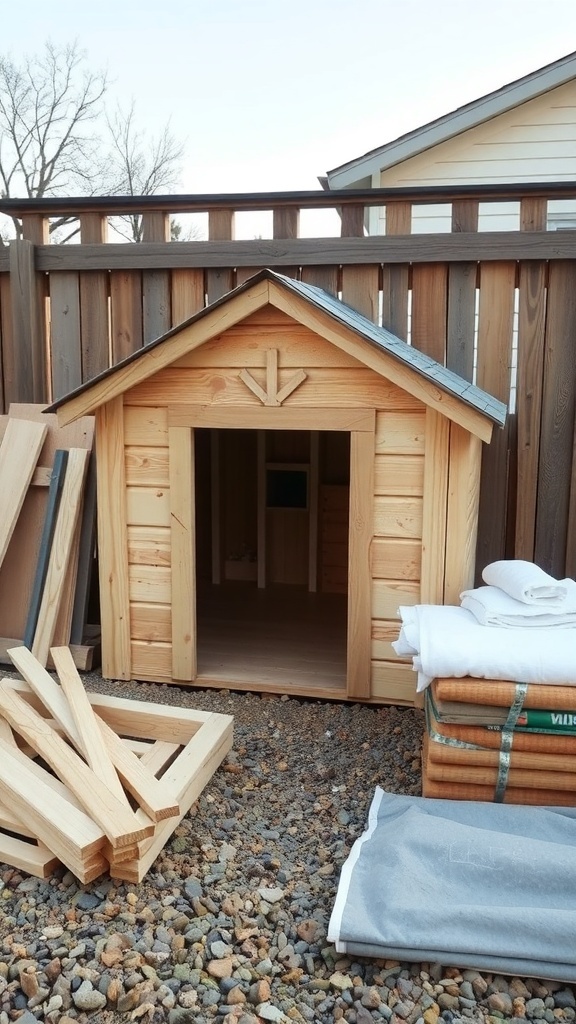 Partially assembled wooden dog house with materials nearby