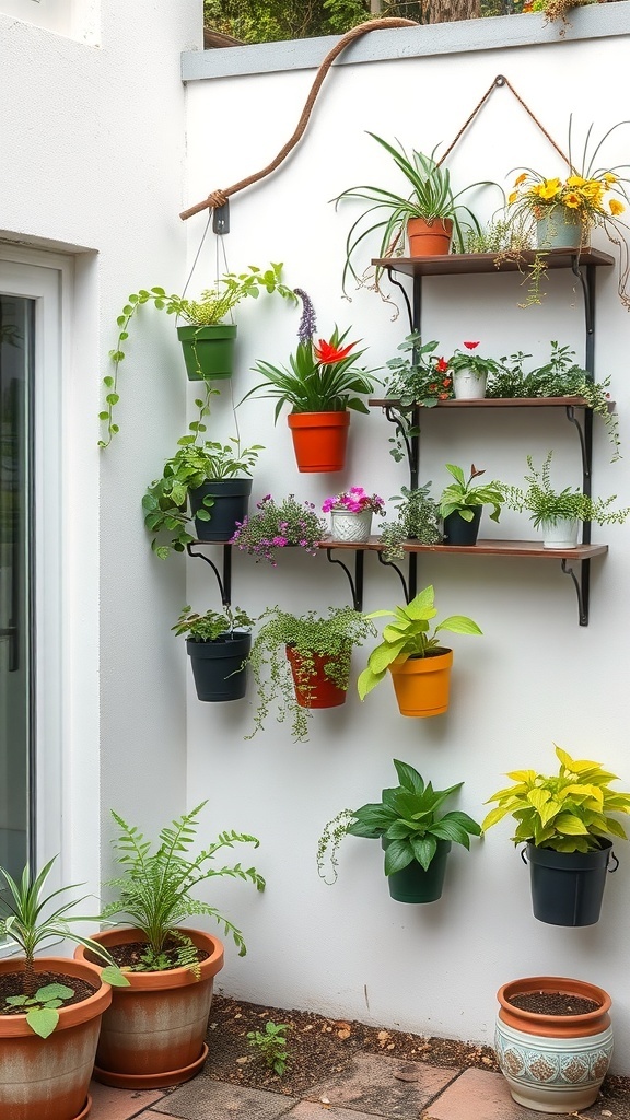 A small patio garden with a wall-mounted shelf displaying colorful potted plants and additional pots on the ground.