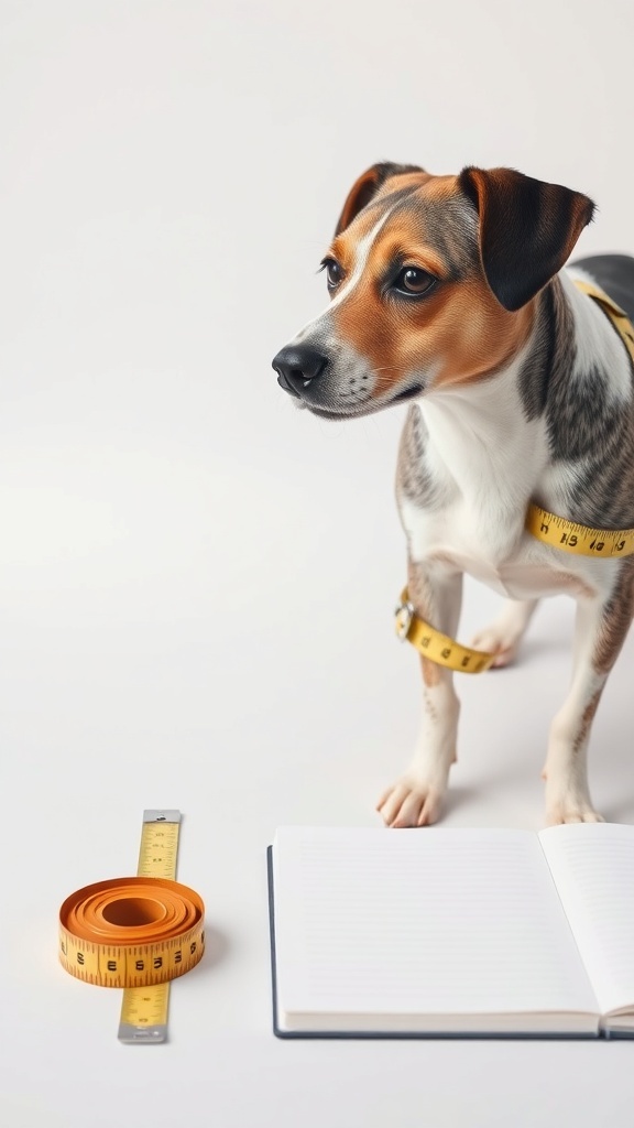 A dog with a measuring tape around its body, next to a notebook and measuring tape.