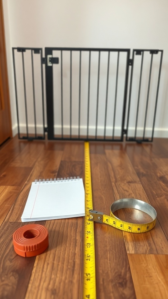 A measuring tape, notepad, and a dog gate are set up on a wooden floor, illustrating the process of measuring for a DIY dog gate.