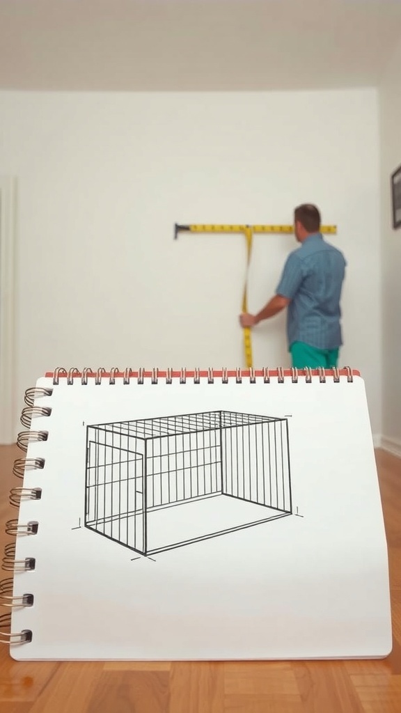 A person measuring a wall with a tape measure, next to a sketch of a dog crate in a notebook.