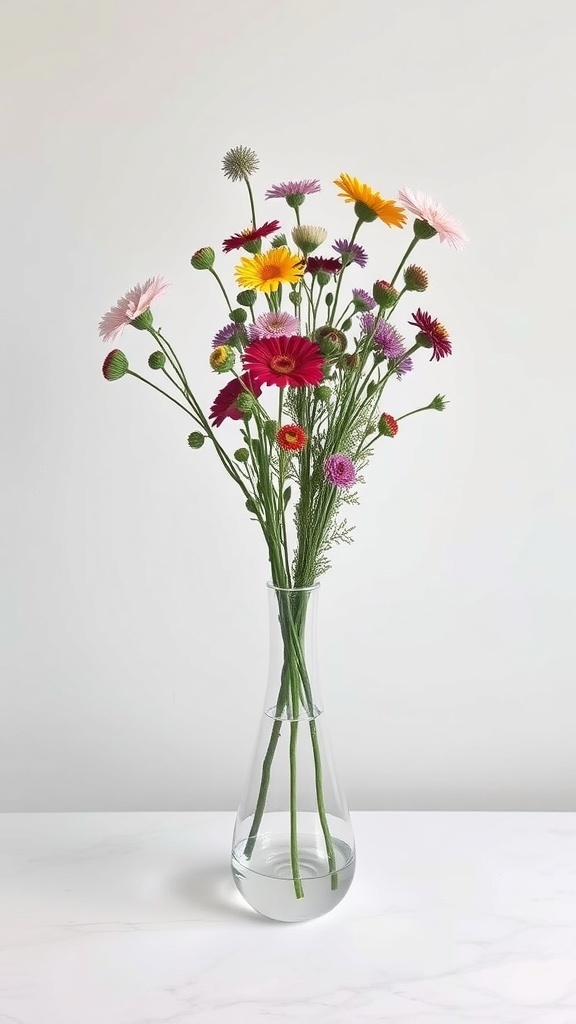 A minimalist wildflower bouquet in a clear vase, featuring colorful blooms and green stems.