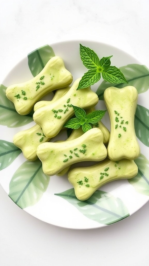 A happy dog with a plate of minty green bone-shaped chews.