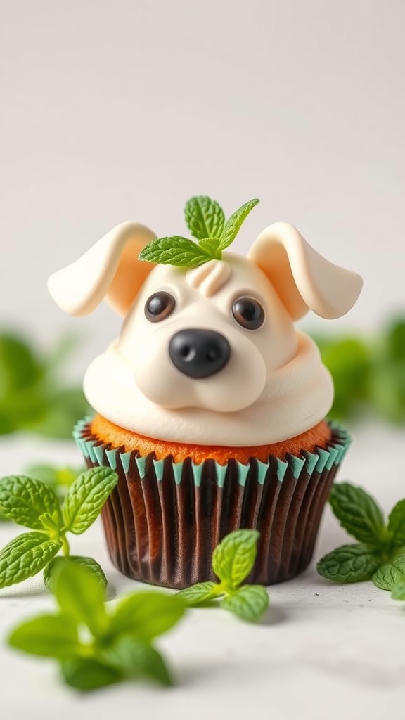 Minty Fresh Breath Cupcake designed like a dog face with mint leaves