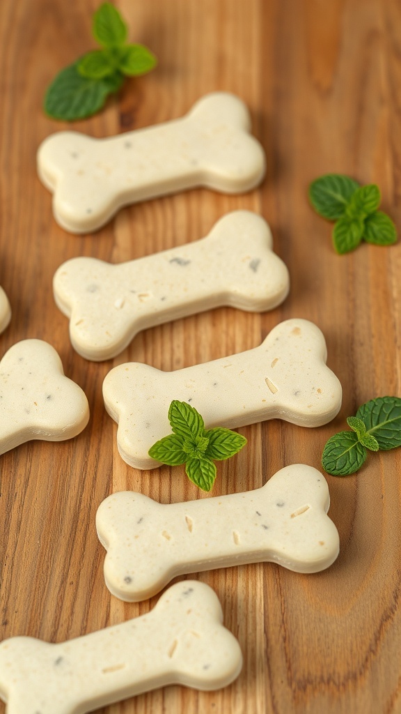 Homemade minty dog treats shaped like bones, surrounded by fresh mint leaves on a wooden surface.