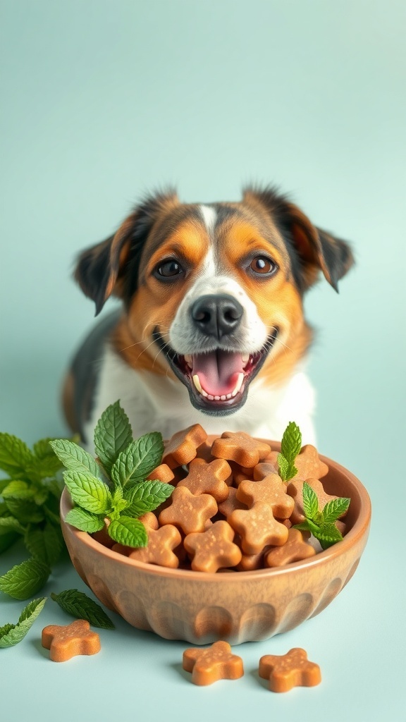 A happy dog with a bowl of minty fresh breath treats