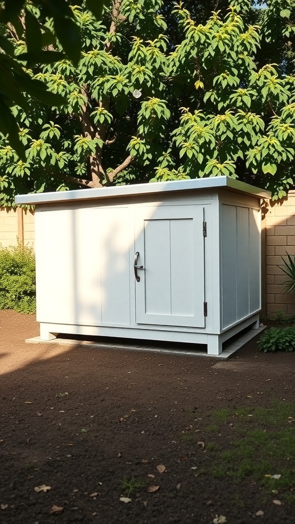 A modern minimalist chicken coop with a white exterior, flat roof, and surrounded by greenery.