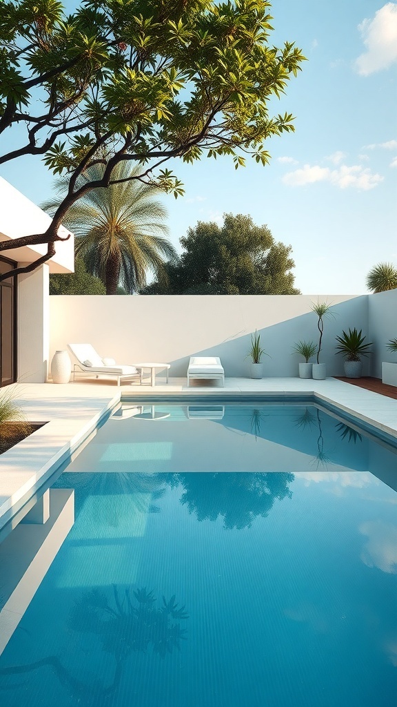 A modern minimalist pool design featuring clear blue water, sleek lounge chairs, and lush greenery.