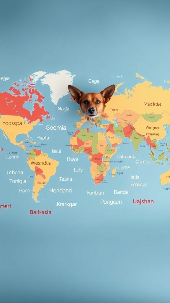 A world map with various names highlighted, featuring a dog's head peeking from the center.