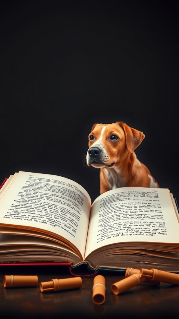 A dog looking at an open book with text, surrounded by rolled-up papers.