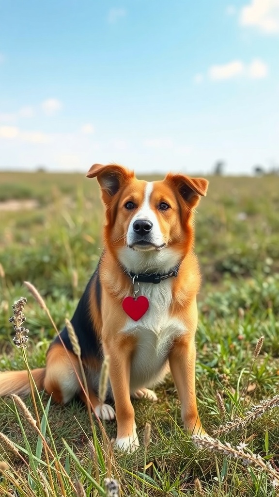A happy dog sitting in a grassy field, symbolizing health and well-being.