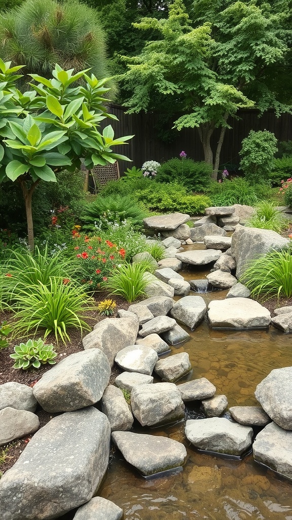 A garden with a small stream bordered by natural river rocks, surrounded by lush greenery and colorful flowers.