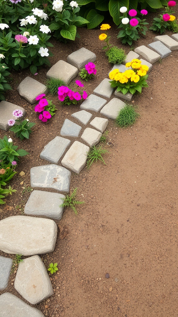 A garden pathway lined with natural stones and colorful flowers.