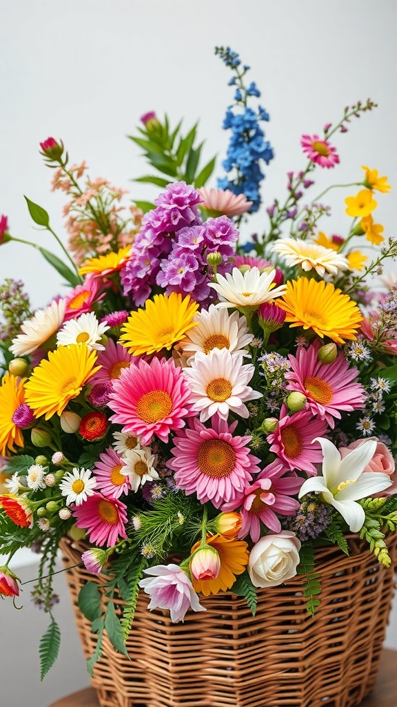 A colorful wildflower bouquet in a woven basket, featuring daisies, lilies, and various other flowers.