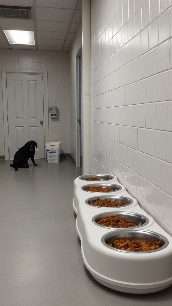 A clean dog feeding area with multiple bowls filled with dog food and a dog sitting in the background.