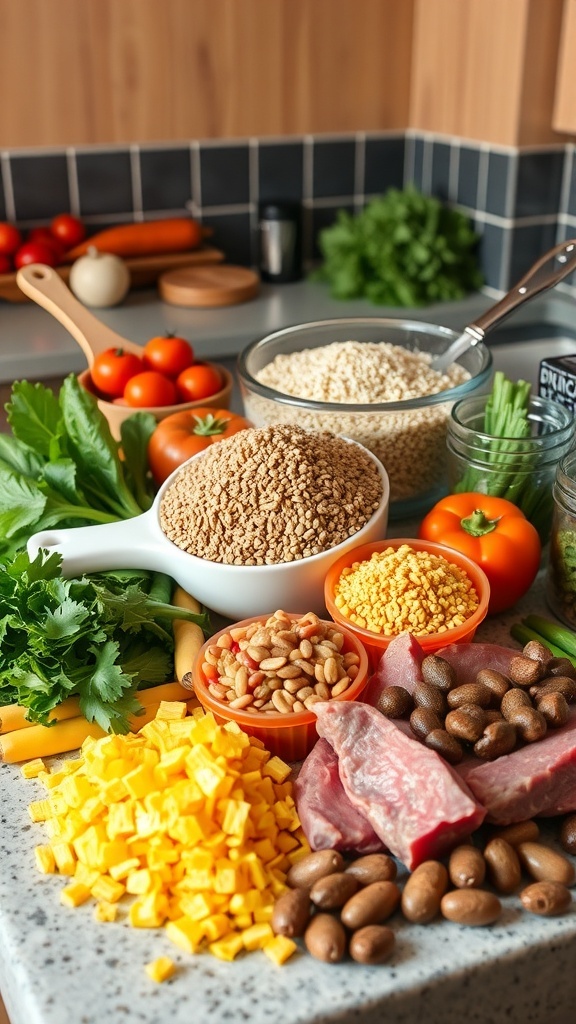 Ingredients for homemade dog food including rice, turkey, carrots, peas, and pumpkin.