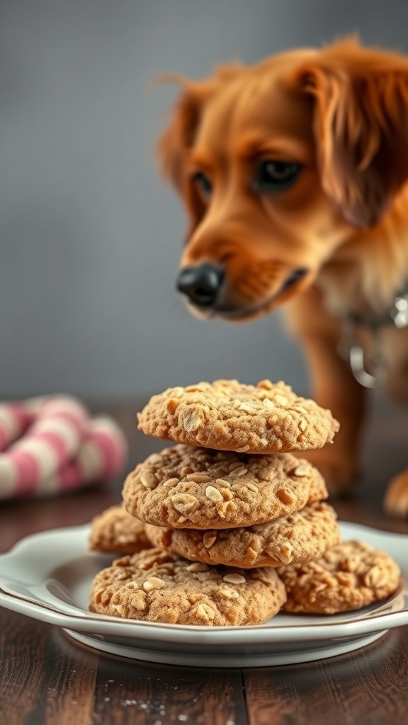 A stack of homemade oatmeal and honey dog cookies with a curious dog in the background.