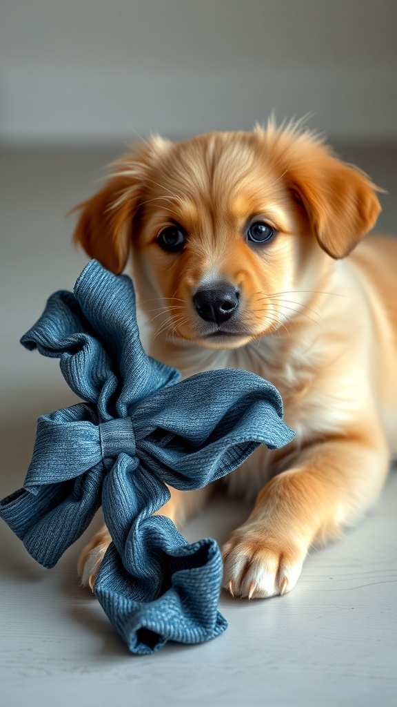 A puppy with a denim chew toy made from old jeans.