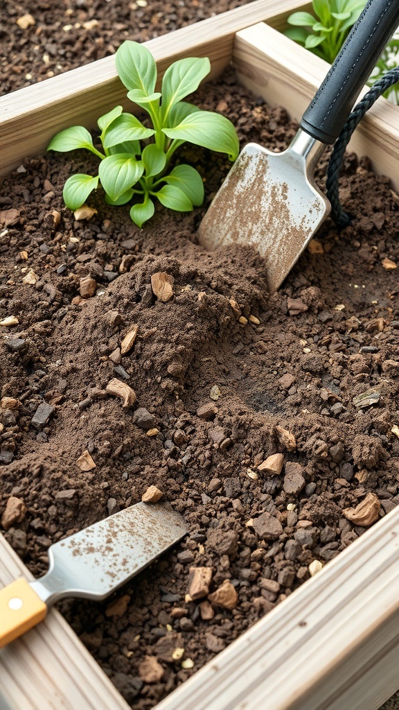 A raised flower bed with rich soil and a young plant, showing gardening tools.