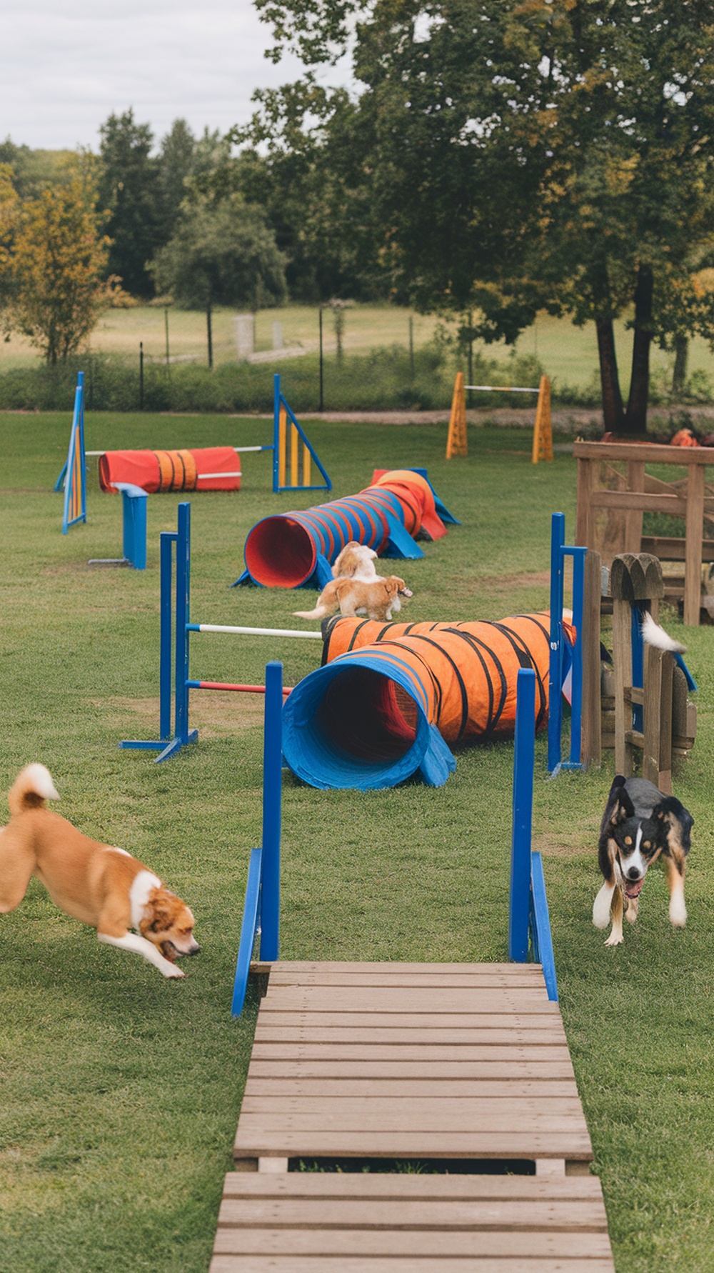 Outdoor dog park featuring agility equipment including tunnels and jumps, with dogs playing and running around.