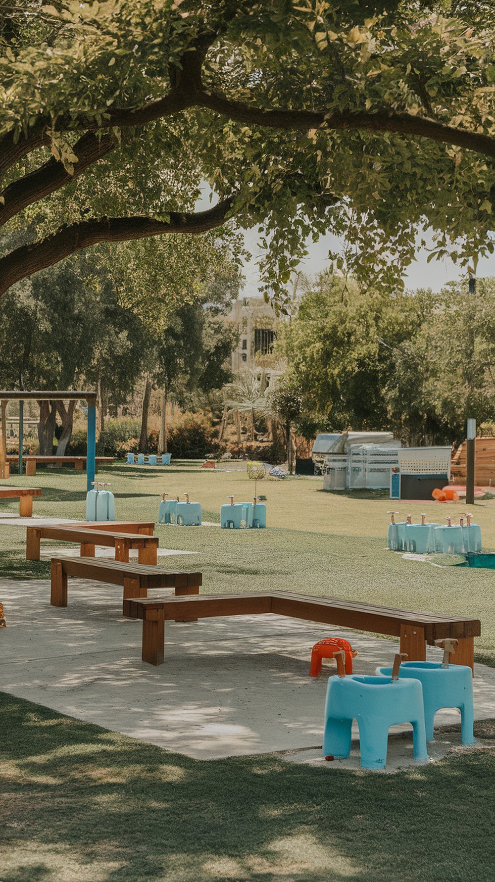 Outdoor dog boarding facility with shaded areas and colorful seating