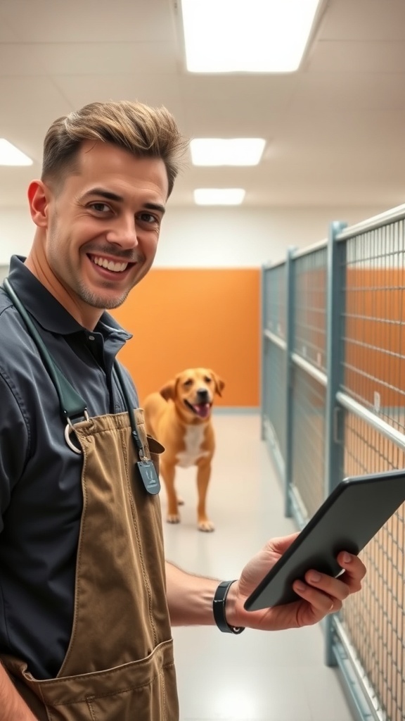 A staff member at a dog kennel taking a selfie with a dog, showing communication and updates for pet owners.