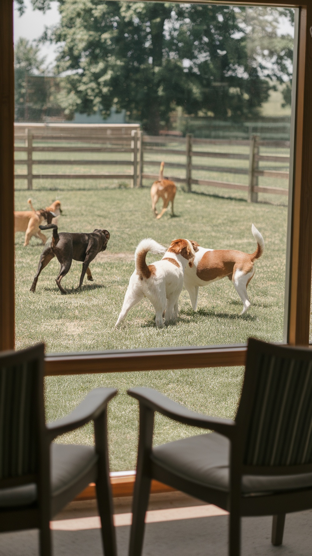 A view of dogs playing in a fenced outdoor area, seen through large windows with comfortable chairs in the foreground.