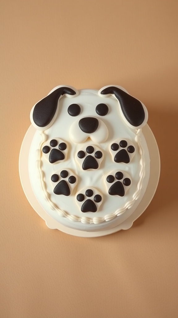 A cute dog-shaped cake decorated with paw prints and black accents.