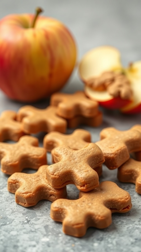 Homemade peanut butter and apple dog treats shaped like bones, with an apple in the background.