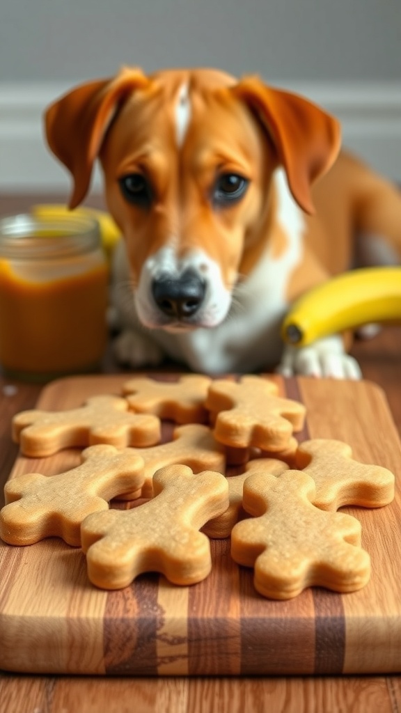 A dog looking at peanut butter and banana biscuits on a wooden cutting board