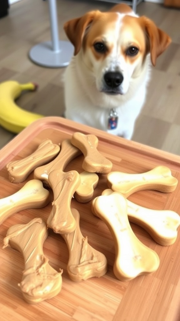 Homemade peanut butter and banana dog chews with a banana and a puppy in the background.