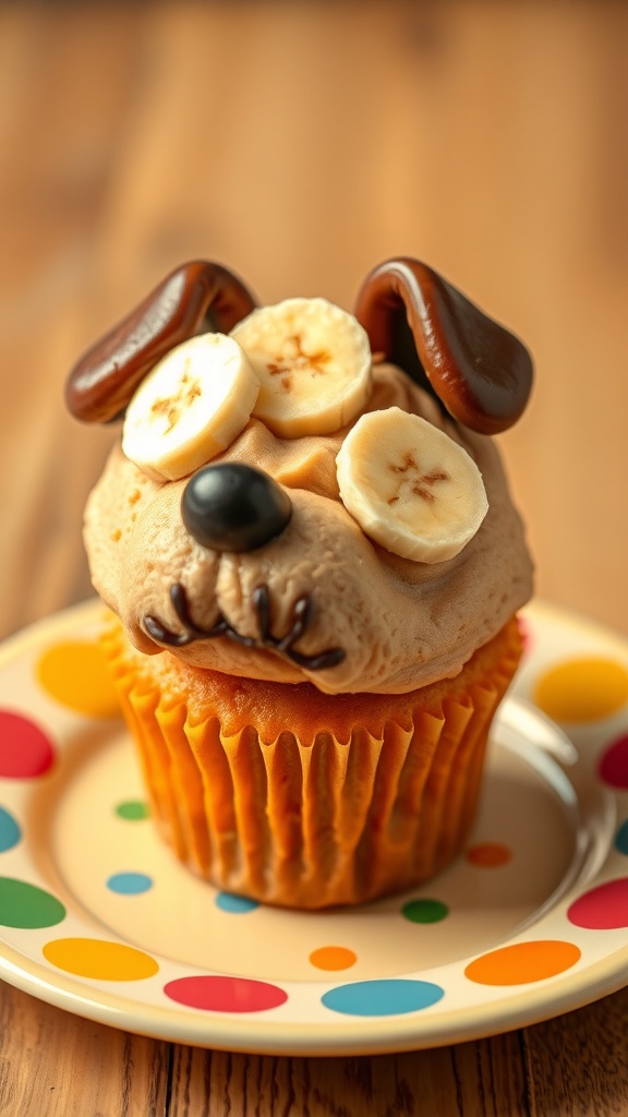 A cute dog cupcake decorated with banana slices and chocolate ears on a colorful plate.