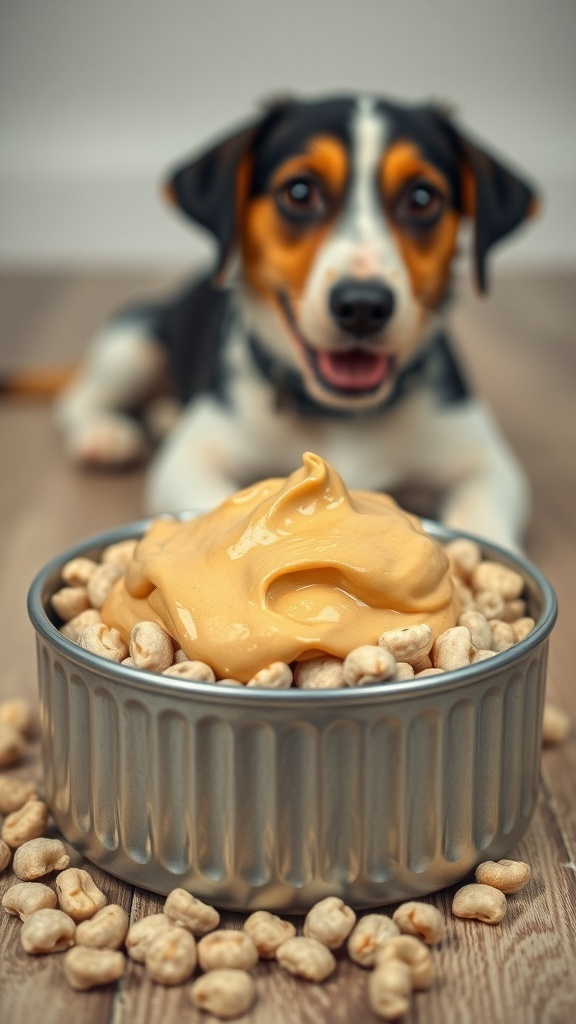 A bowl of peanut butter topped with a happy dog in the background.