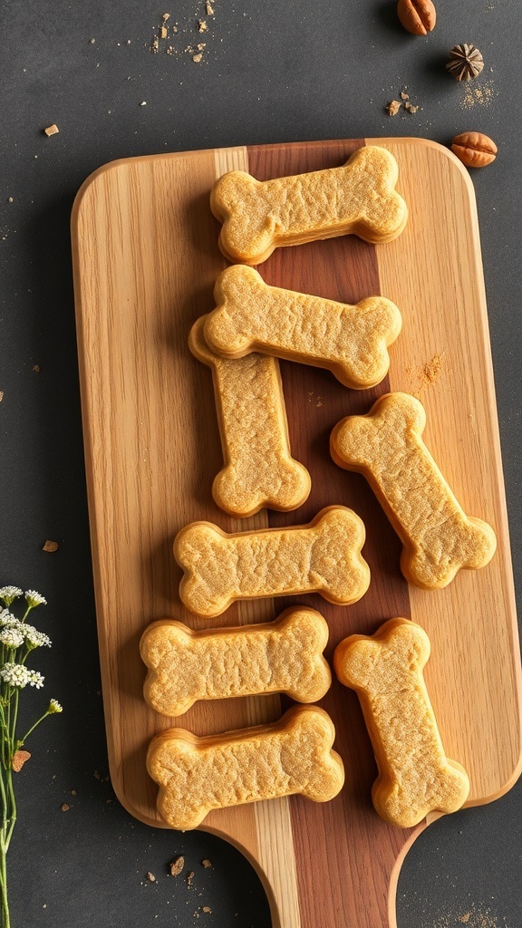 Homemade peanut butter and pumpkin dog treats shaped like bones on a wooden board.