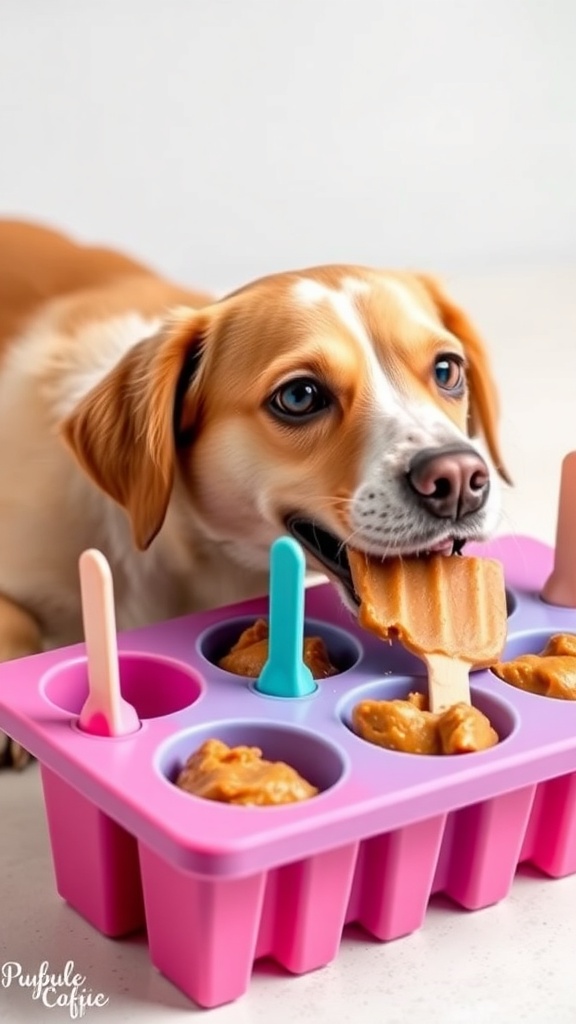 A dog enjoying a peanut butter and pumpkin pupsicle from a colorful mold.