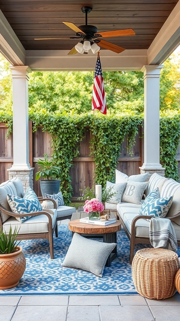 A cozy patio setup with comfortable seating, a wooden table, and decorative accessories.