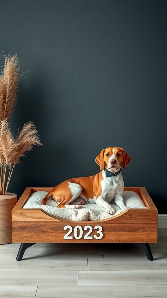 A stylish elevated dog bed with the year 2023 displayed, featuring a dog resting on a soft cushion.