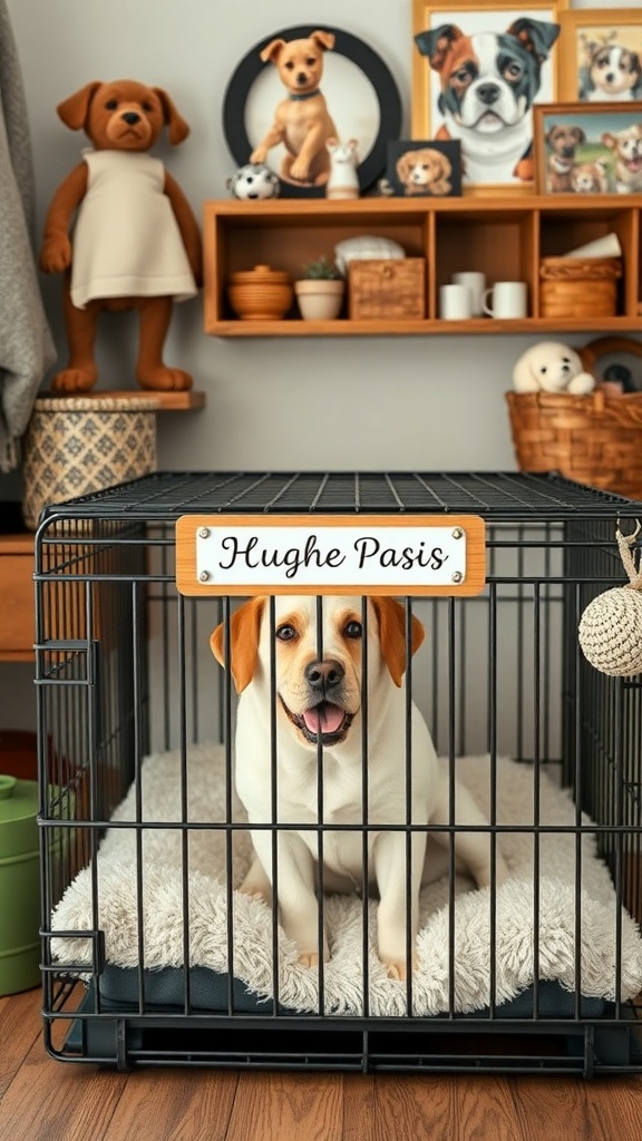 A dog sitting in a crate with a name plate that reads 'Hughe Pasis'.