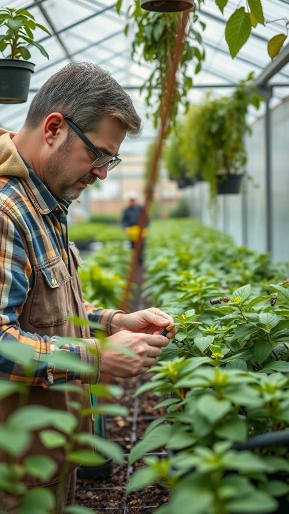 A person standing in a greenhouse surrounded by various plants, checking their phone.