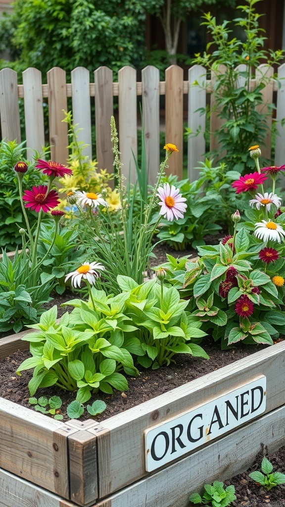 A raised flower bed filled with colorful flowers and greenery, showcasing effective pest management strategies.