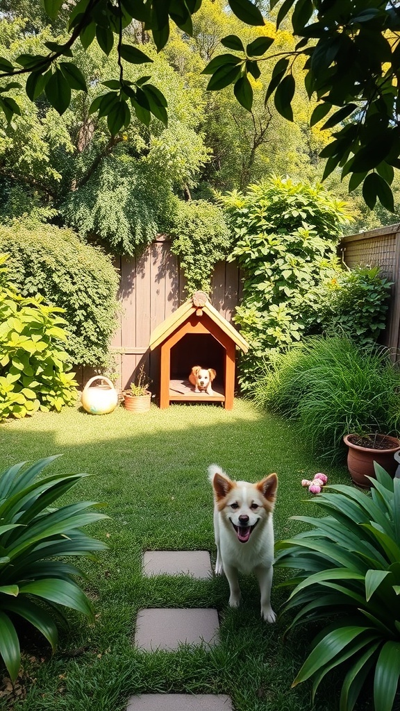 A pet-friendly garden with two dogs, one in a doghouse and one in front, surrounded by greenery.