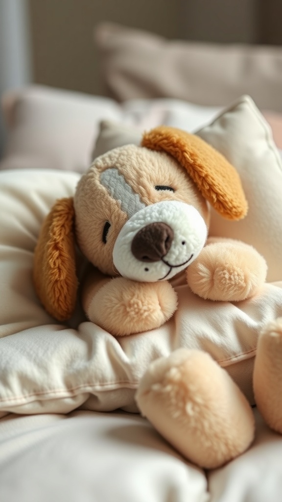 A puppy lying on a pillow stuffed dog toy, looking relaxed and happy.