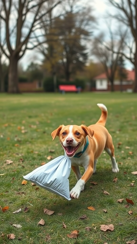 A happy dog running with a pillowcase fetch toy in its mouth, enjoying playtime outdoors.