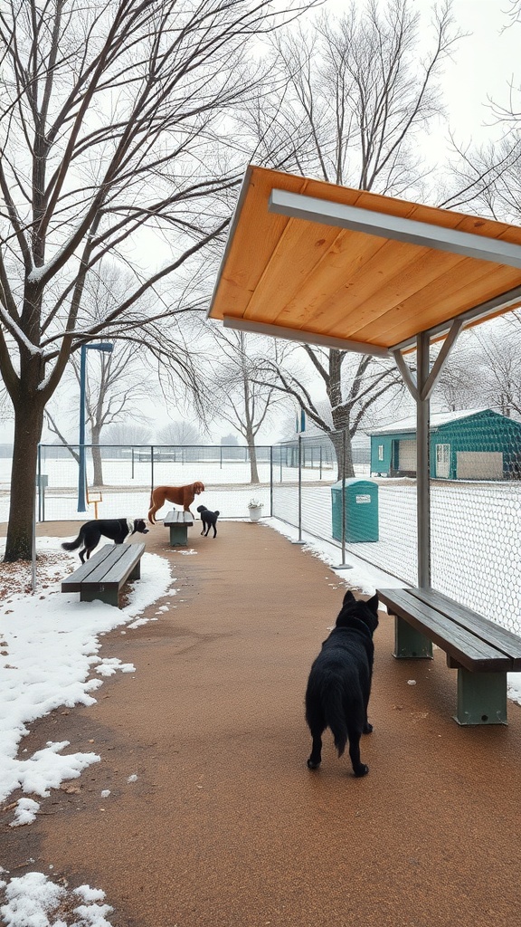 An outdoor dog area in winter with snow, featuring benches and a covered area.