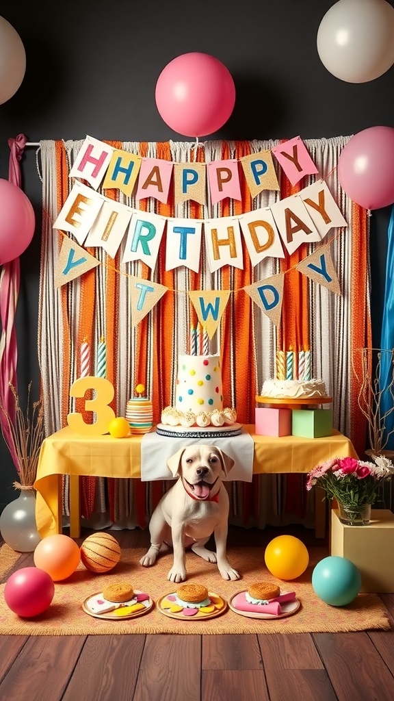 A cheerful birthday setup for a dog, featuring a cake, colorful balloons, and treats.