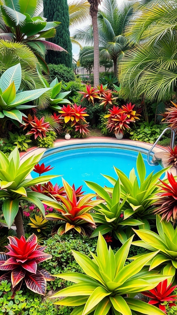 A vibrant poolside garden featuring colorful bromeliads and lush green plants surrounding a blue swimming pool.