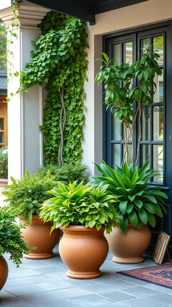 A patio with various planters and greenery enhancing the outdoor space.